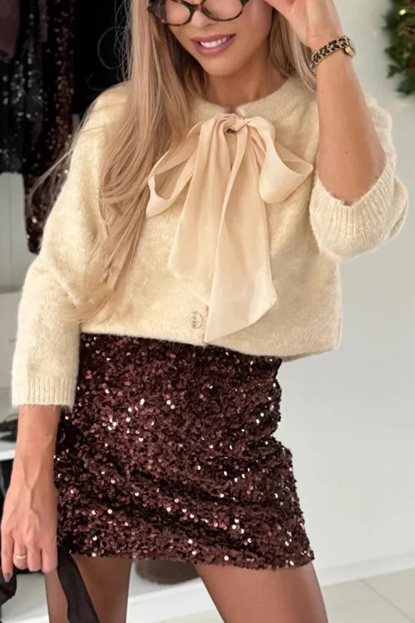 Polished Uptown Knit Tulle Bow Neck Button Up Long Sleeve Cardigan
