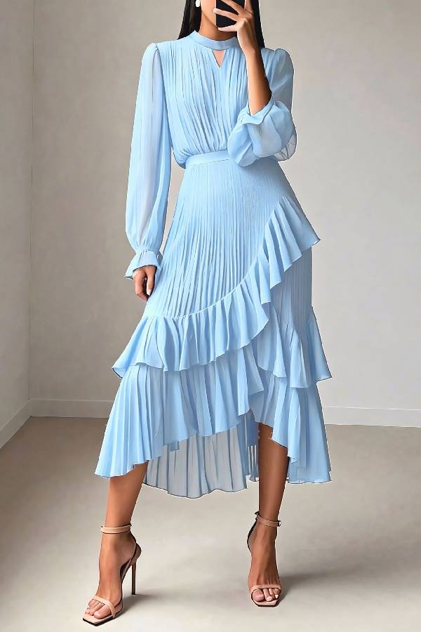 Mock Neck Cut‑Out Pleated Ruffle Long‑Sleeve Midi Dress