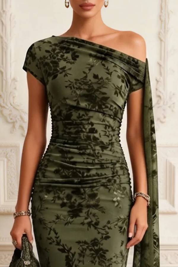 Olive Green Floral Print Asymmetrical Off Shoulder Mermaid Maxi Dress