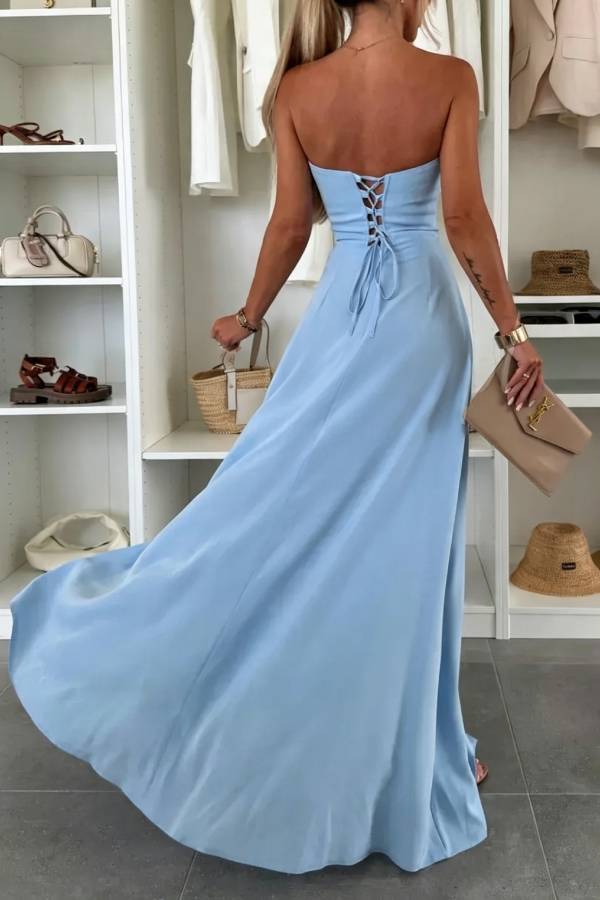 Strapless Draped Lace‑Up Back Slit Long Evening Dress
