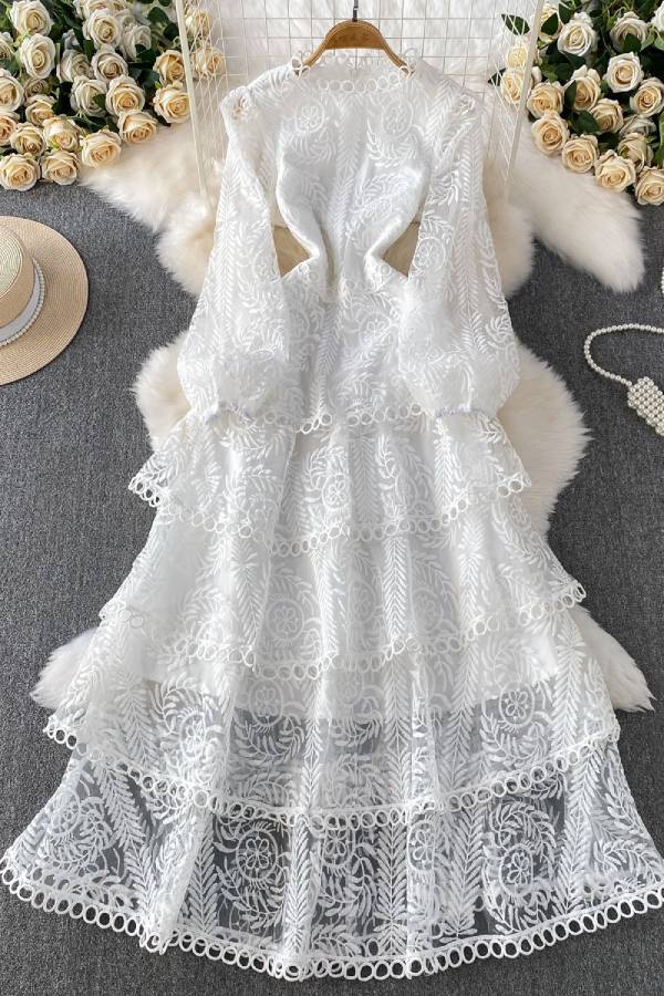 3D Lace Embroidered Multi-Layer Ruffle Long-Sleeve Dress