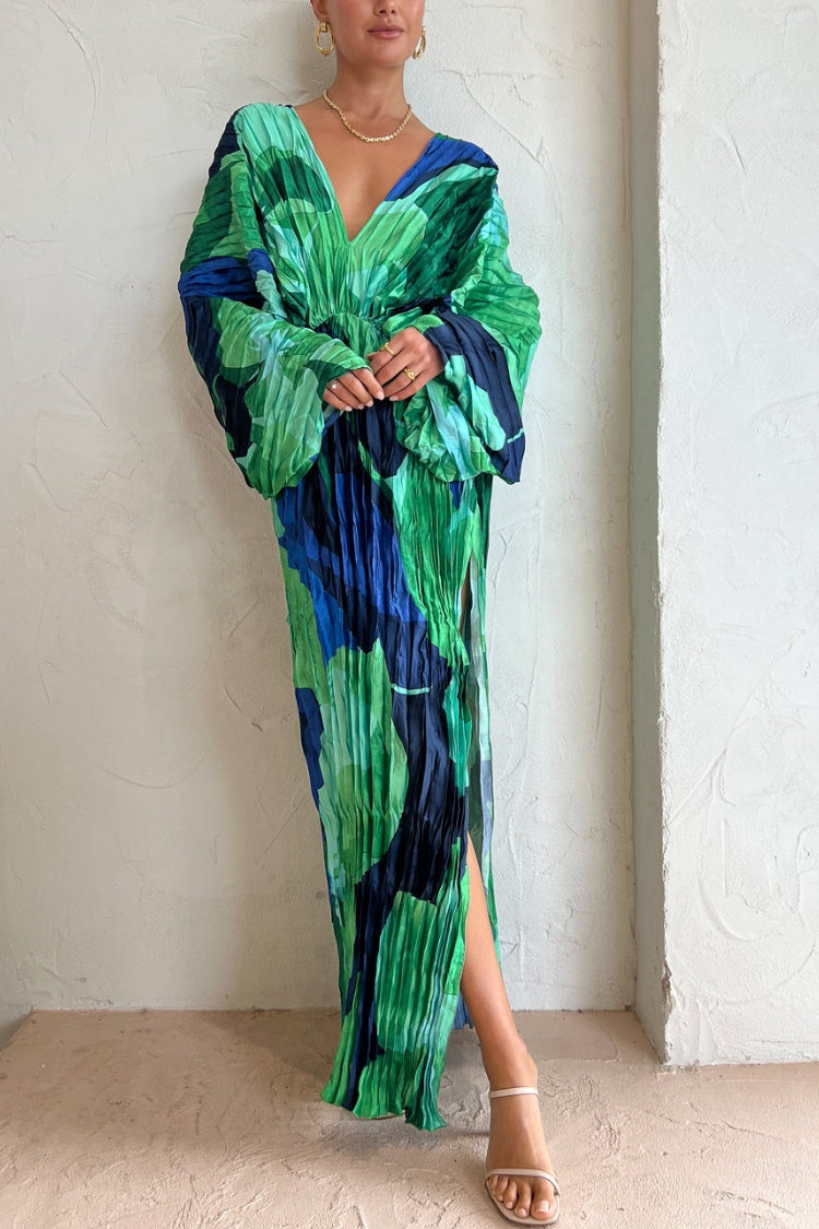 Tropical Oasis Capri Print Kimono Sleeve Pleated Cocoon Maxi Dress