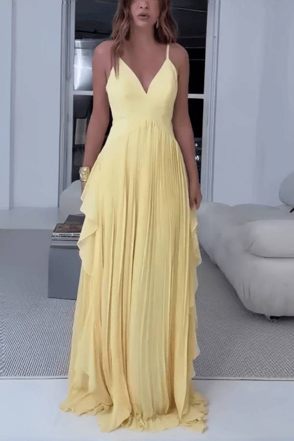 Solid V Neck Spaghetti Strap Pleated Maxi Dress Side Ruffle Flowy Beach Vacation Gown