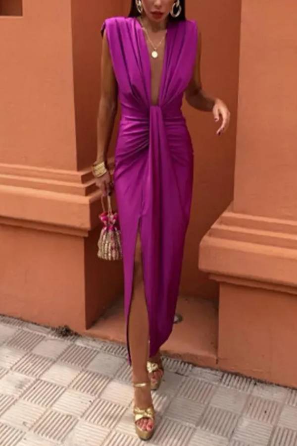 Deep V Twist Ruched Slit Maxi Evening Dress