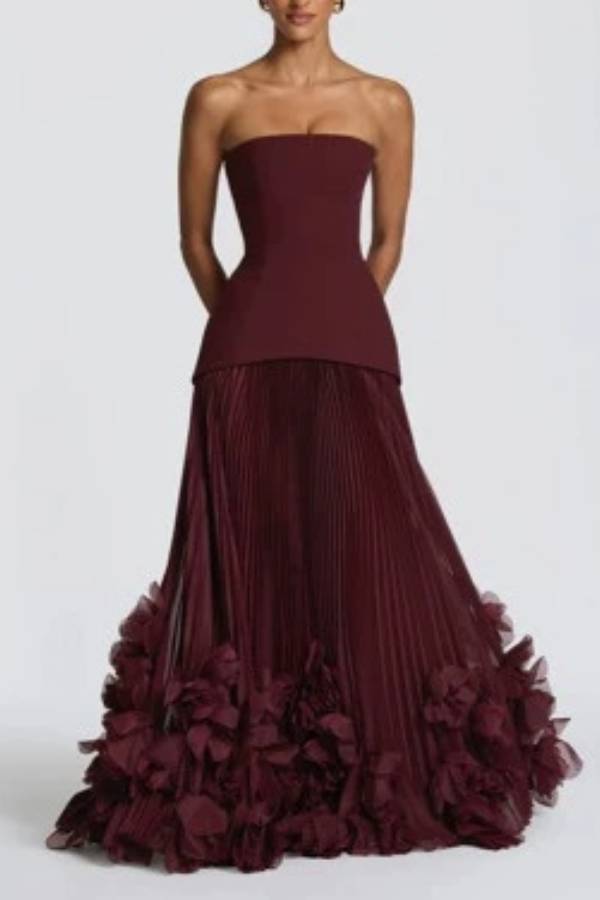 Strapless Corset Pleated Gown with Floral Hem