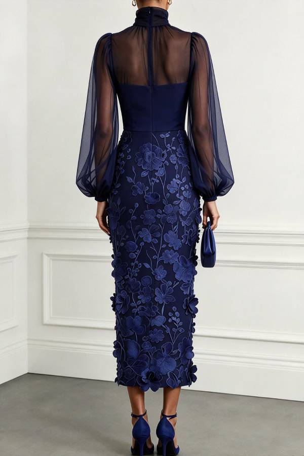Tanie Tulle High Neck Long Lantern Sleeve 3D Floral Appliqués Hem Midi Dress