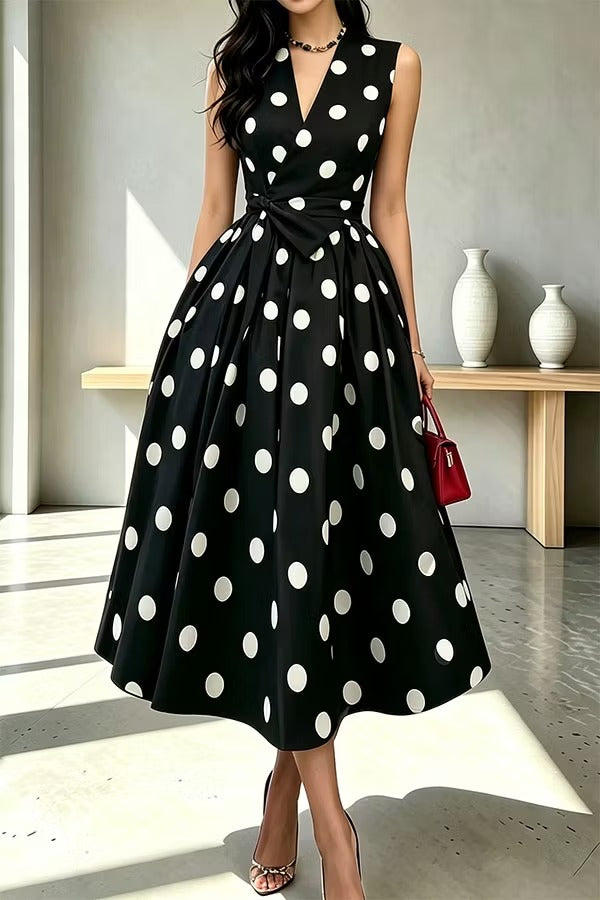 French Vintage Style Polka-dot Print Sleeveless Tie Waist Detail Midi Dress
