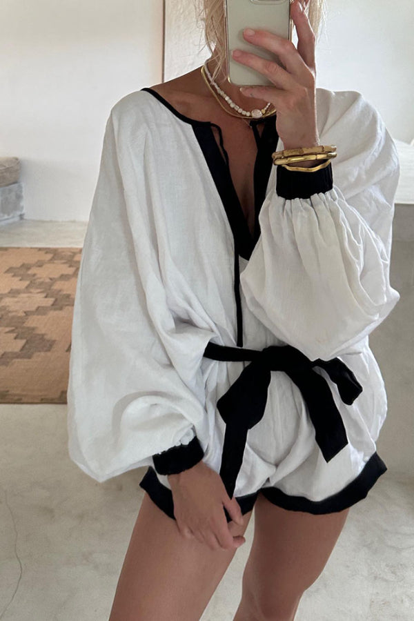 V-neck Black and White Contrast Jumpsuit