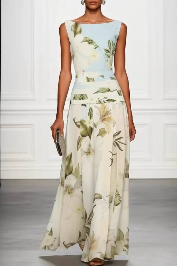 Boat-Neck Sleeveless Floral Print Maxi Dress