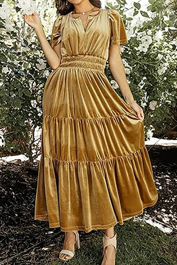 Velvet Solid V-Neck Elastic Waist Long Dress