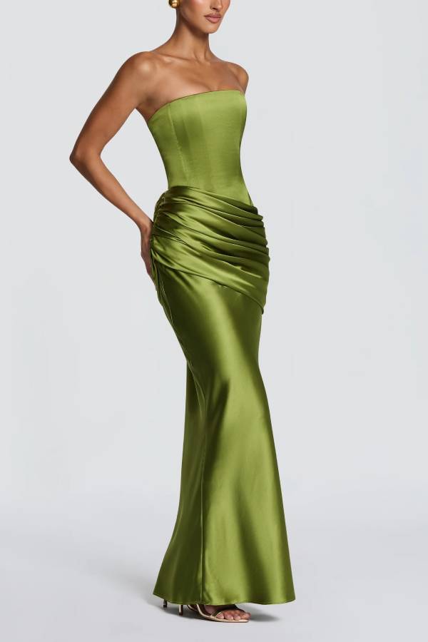 Ella Satin Detachable Asymmetric Off Shoulder Drape Panel Back Lace-up Maxi Dress