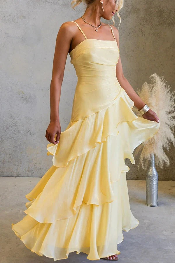 Arlow Multi-layered Ruffles Square Neck Slip Maxi Dress