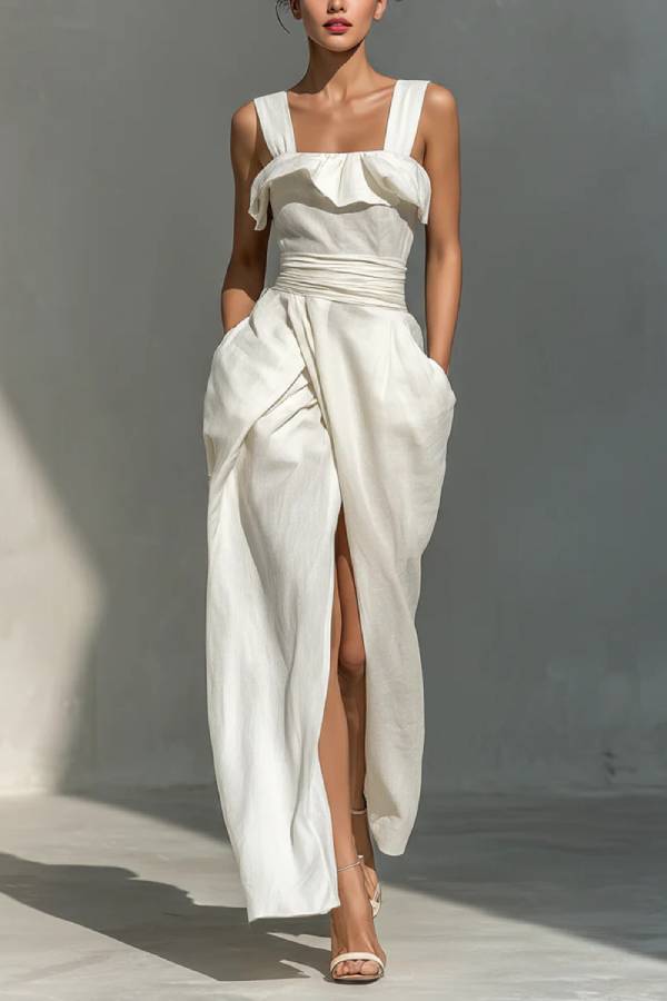 Square Neck Ruffle Waist Slit Linen Dress