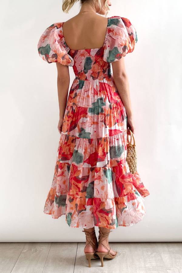 Off Shoulder Puff Sleeve Floral Smocked Tiered Midi Vacation Dress