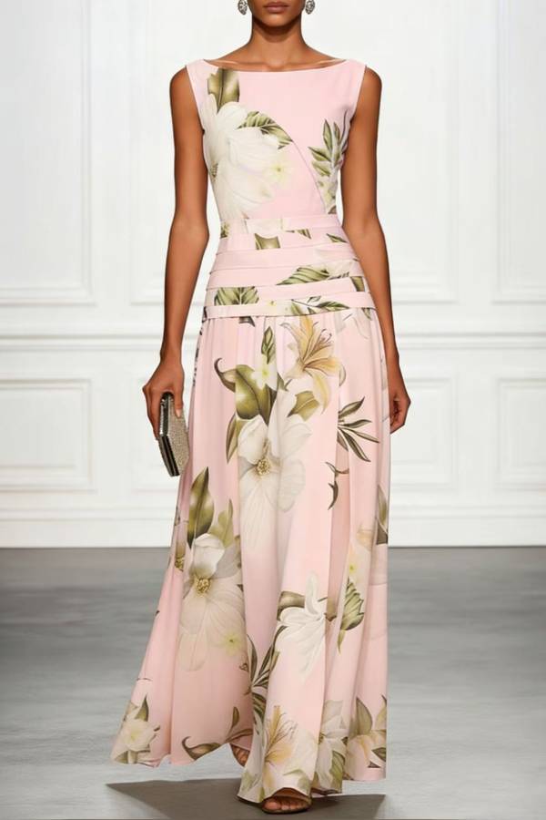 Boat-Neck Sleeveless Floral Print Maxi Dress