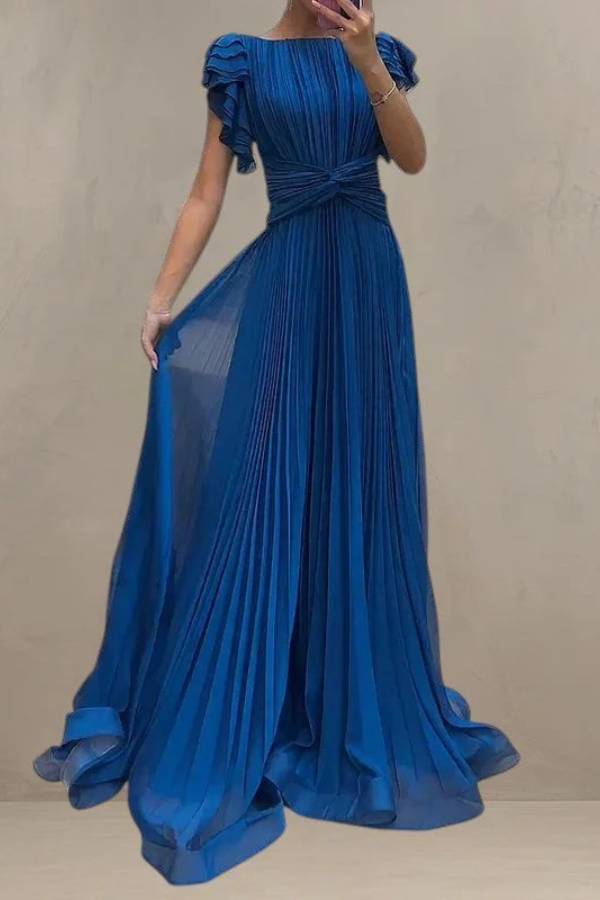 Square Neck Ruffle Sleeve Twist Waist Pleated Tulle Maxi Formal Dress