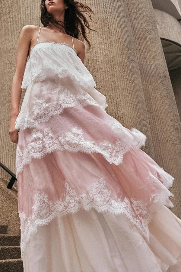 Caroline Gradient Layered Lace Trim Tiers Adjustable Straps Backless A-line Maxi Dress