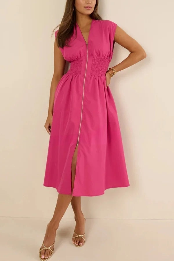 Workdays or Weekends Front Zipper Smocked Waist Pocket Loose Midi Dress