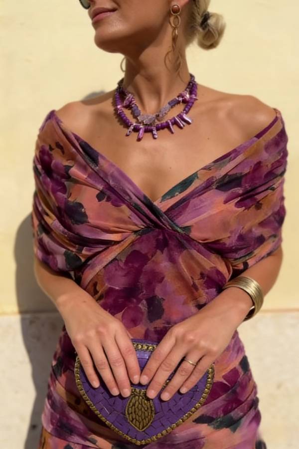 Off-Shoulder V-Neck Twist Knot Tie-Dye Print Slim Fit Maxi Dress