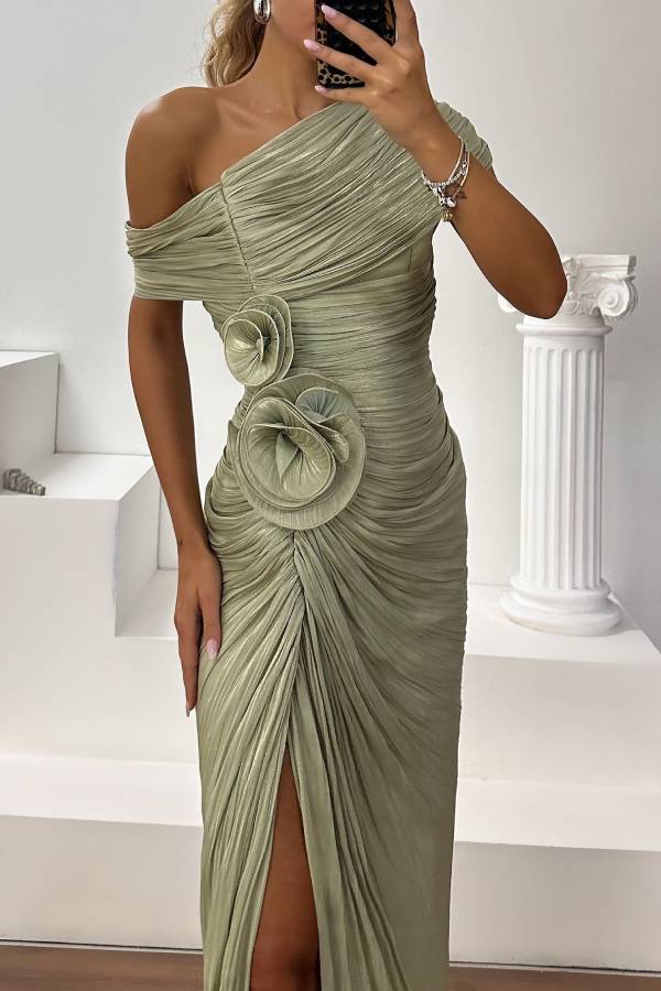 One‑Shoulder 3D Floral Ruched Slit Train Evening Maxi Gown