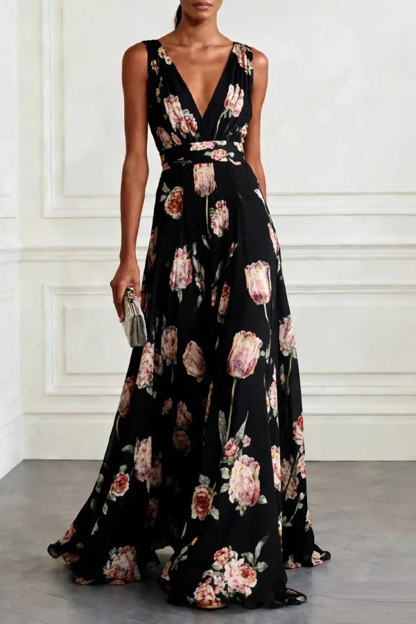 Tulip Print V-Neck Sleeveless Elegant Waist-Defining Maxi Dress