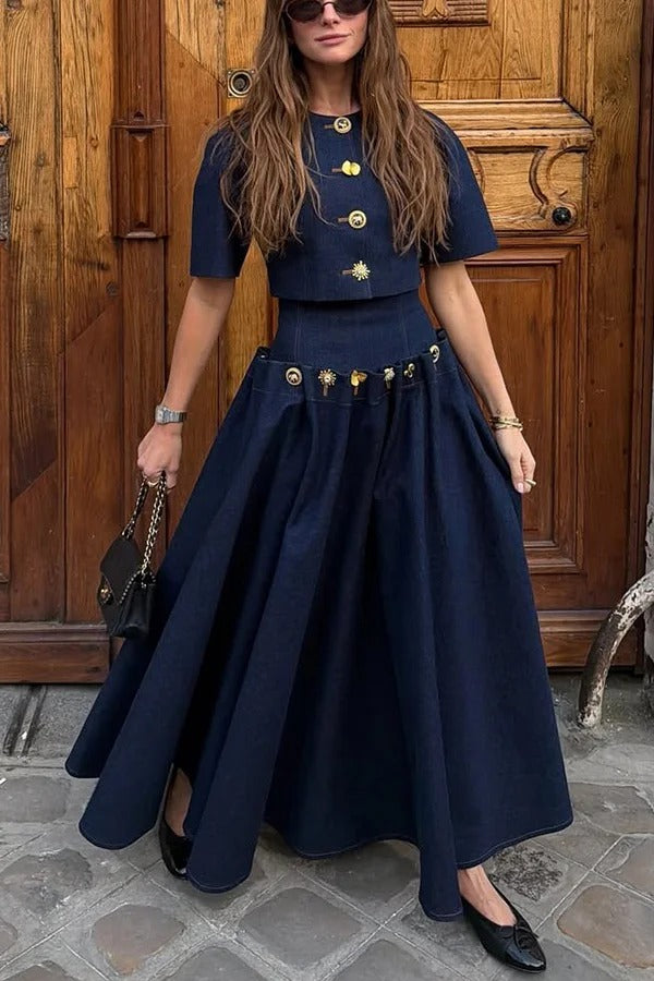 Custom Look Denim Unique Metal Pattern Buttons Lace-up Waist Crisp Hem Maxi Skirt