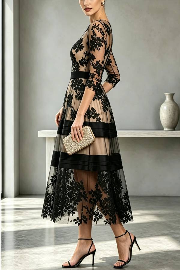 Alana Flower Mesh Colorblock Boat Neck Half Sleeve A-line Midi Dress