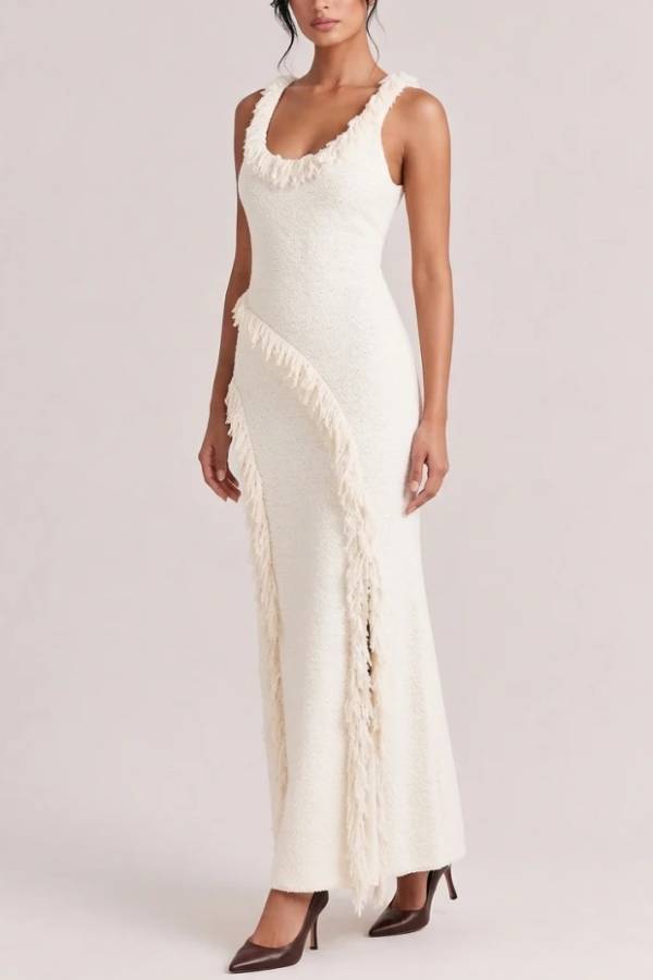 Tweed Knit Scoop Neck Sleeveless Fringe Trim Slit Maxi Dress