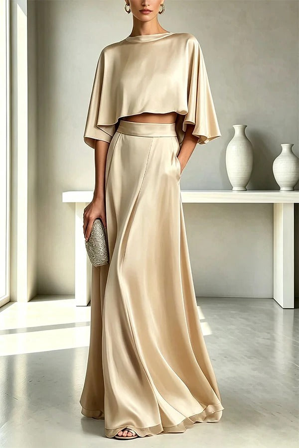 Timeless Luxurious Satin Batwing Sleeve Crop Top and High Rise Pocket Maxi Skirt Set