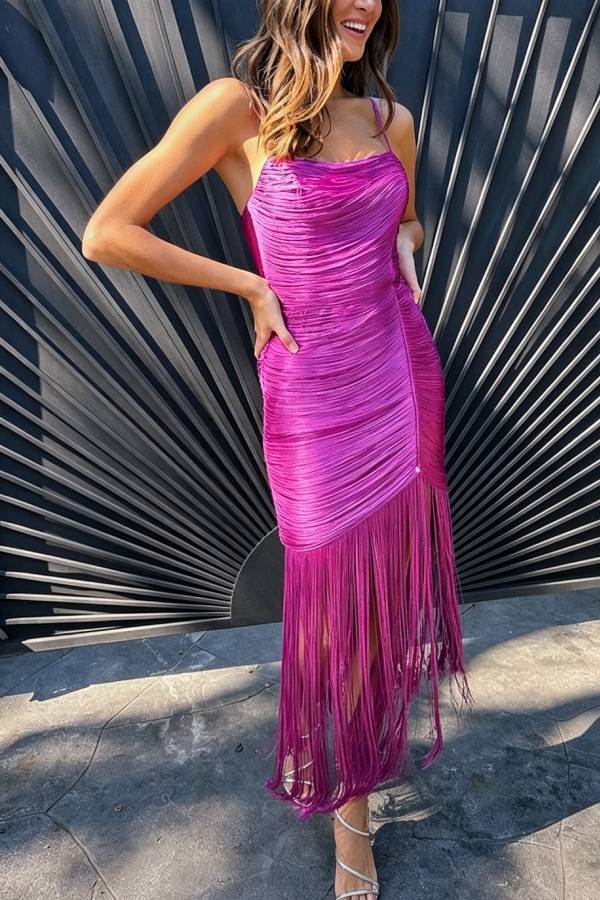 Cocktail Party Tassel Cowl Neck Sleeveless Drape Hem Slip Maxi Dress