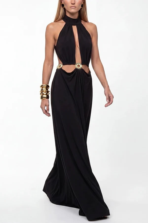 Arkos High Neck Cut-out Gold-plated Metal Emblems Backless Maxi Dress