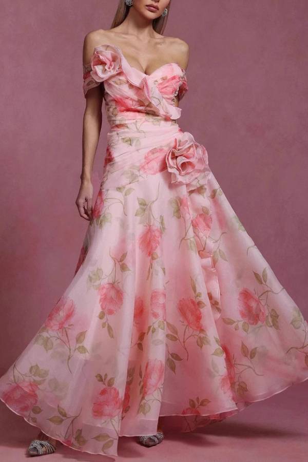 Off Shoulder 3D Rose Print Maxi Evening Gown