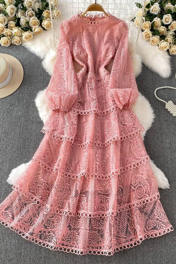 3D Lace Embroidered Multi-Layer Ruffle Long-Sleeve Dress