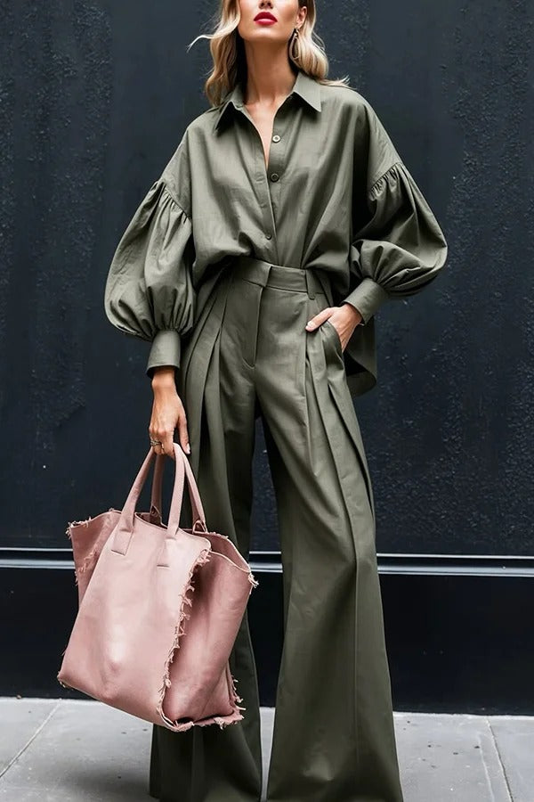 Solid Color Lapel Long-sleeved Loose Shirt and Casual Wide-leg Pants Set