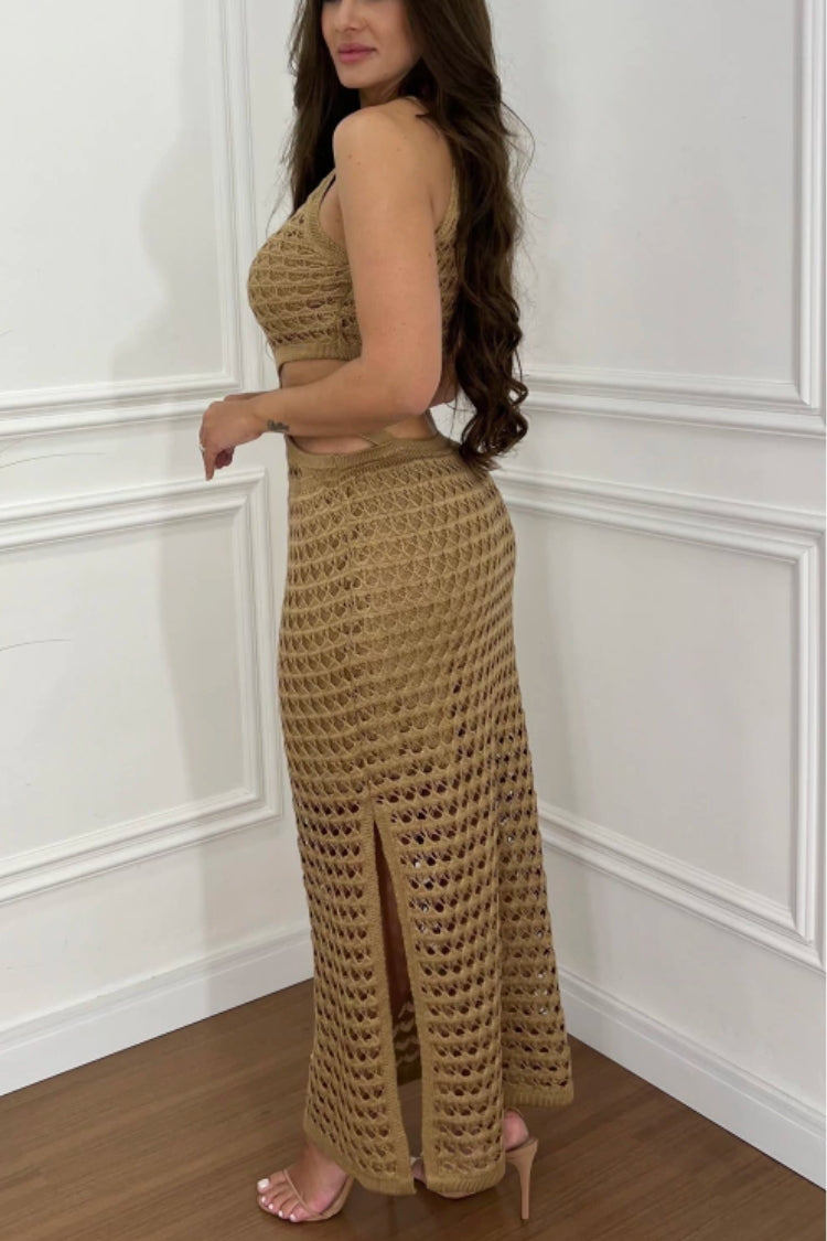 Stunning Gaze Knit Texture Ring Side Waist Cutout Stretch Maxi Dress