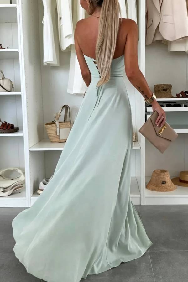 Strapless Draped Lace‑Up Back Slit Long Evening Dress