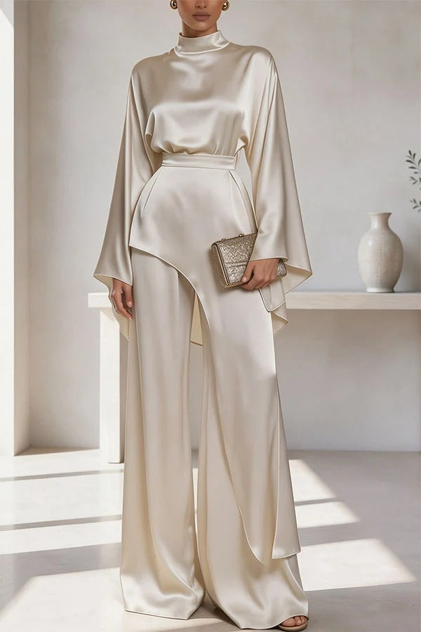 Satin High Neck Flare Sleeve Top and High Rise Asymmetric Design Wide Leg Pants Set