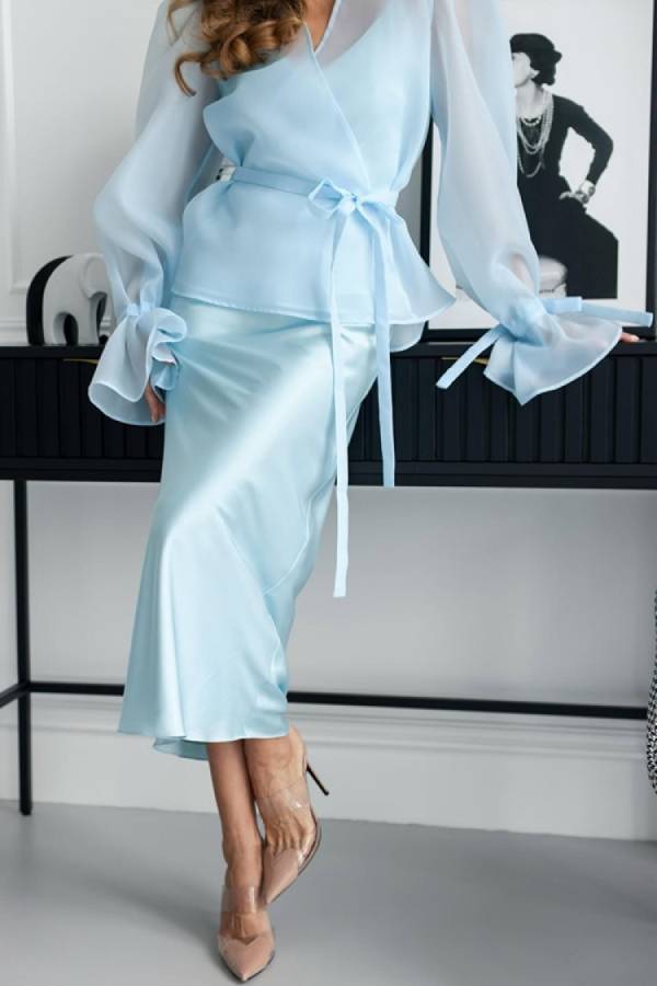 Organza Puff Sleeve Wrap Tie Top & Satin Midi Mermaid Skirt Two-Piece Set