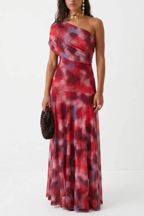 Women's One Shoulder Draped Mesh Maxi Dress in Abstract Print