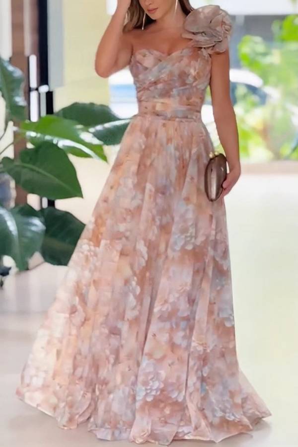 Watercolor-Print One-Shoulder Floral Evening Gown