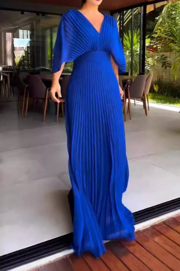 Deep V Batwing Sleeve Pleated Waist Cinched Maxi Evening Gown