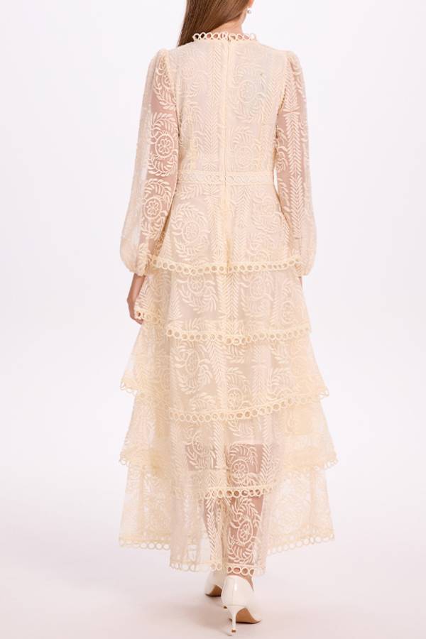 3D Lace Embroidered Multi-Layer Ruffle Long-Sleeve Dress