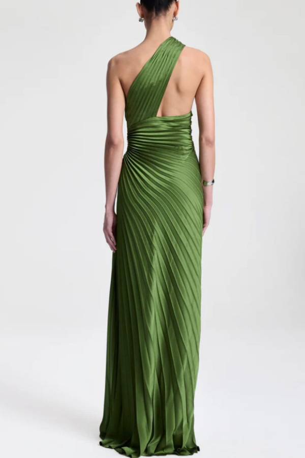 Green Satin One‑Shoulder Pleated Long Evening Gown