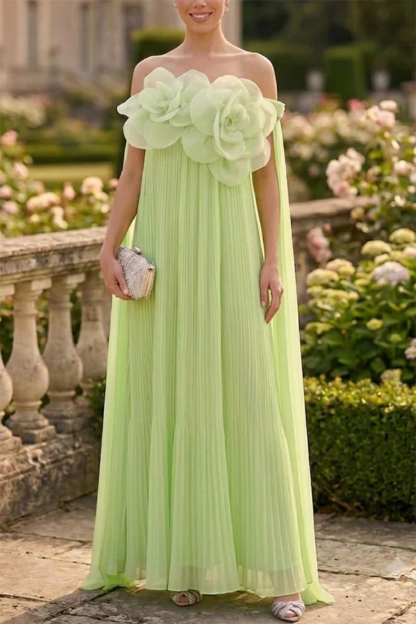 Jaclyn Sheer Tulle 3D Floral Embellishments Sculpted Pleated Strapless Maxi Dress