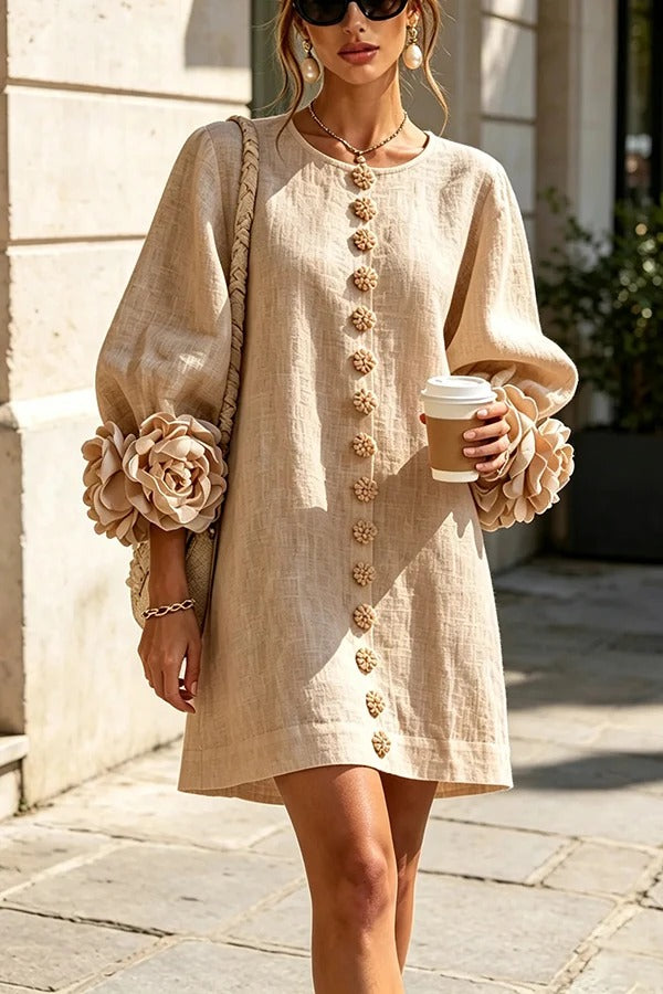 Rima Linen Blend Flowers Button Down Floral Cuffs Half Sleeve Mini Dress