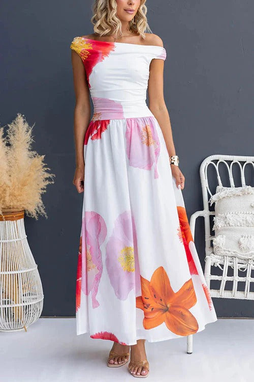 Boat Neck Waisted Floral Print Swing Maxi Dress