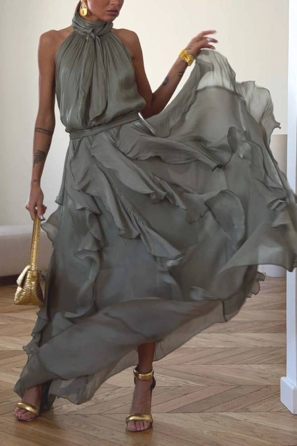 Halter Tie‑Up Ruffled Shiny Evening Maxi Dress