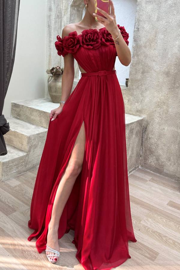 Strapless Chest Rose Waist Detail Design Evening Dress