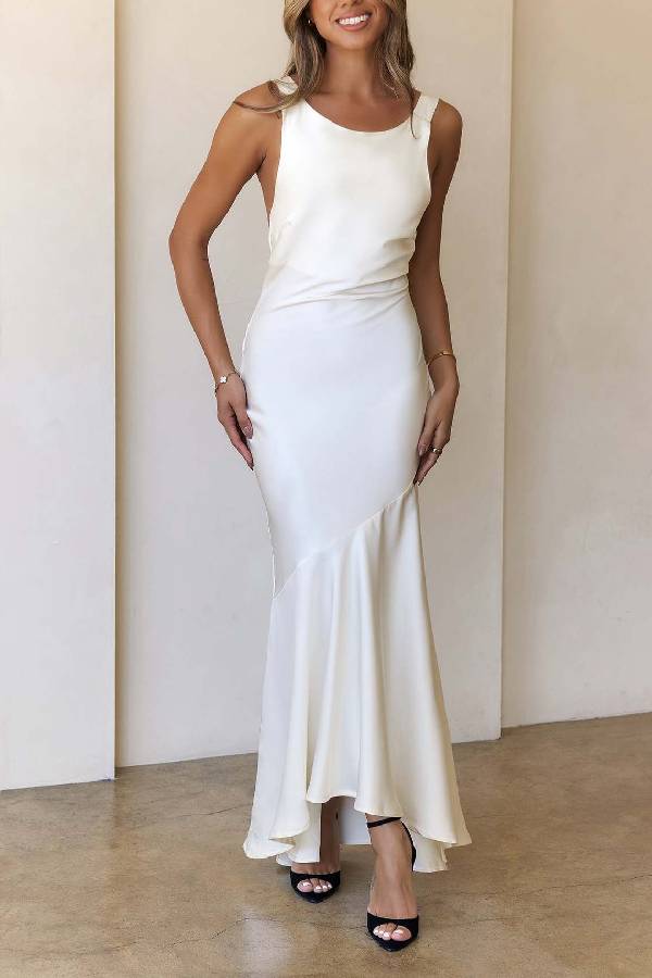 Satin Open Back Bow Bridesmaid Maxi Dress, Asymmetrical Mermaid Gown