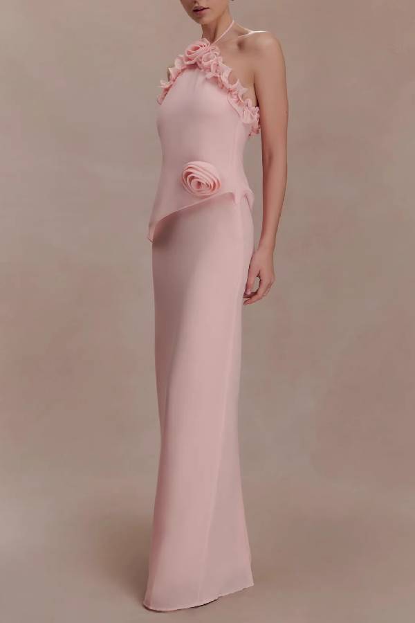 3D Rose Ruffle Halter Open Back Slim Maxi Gown